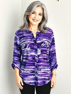 Elementz Purple/Gray/Black Striped Roll-Tab Buttondown Shirt, Size Large